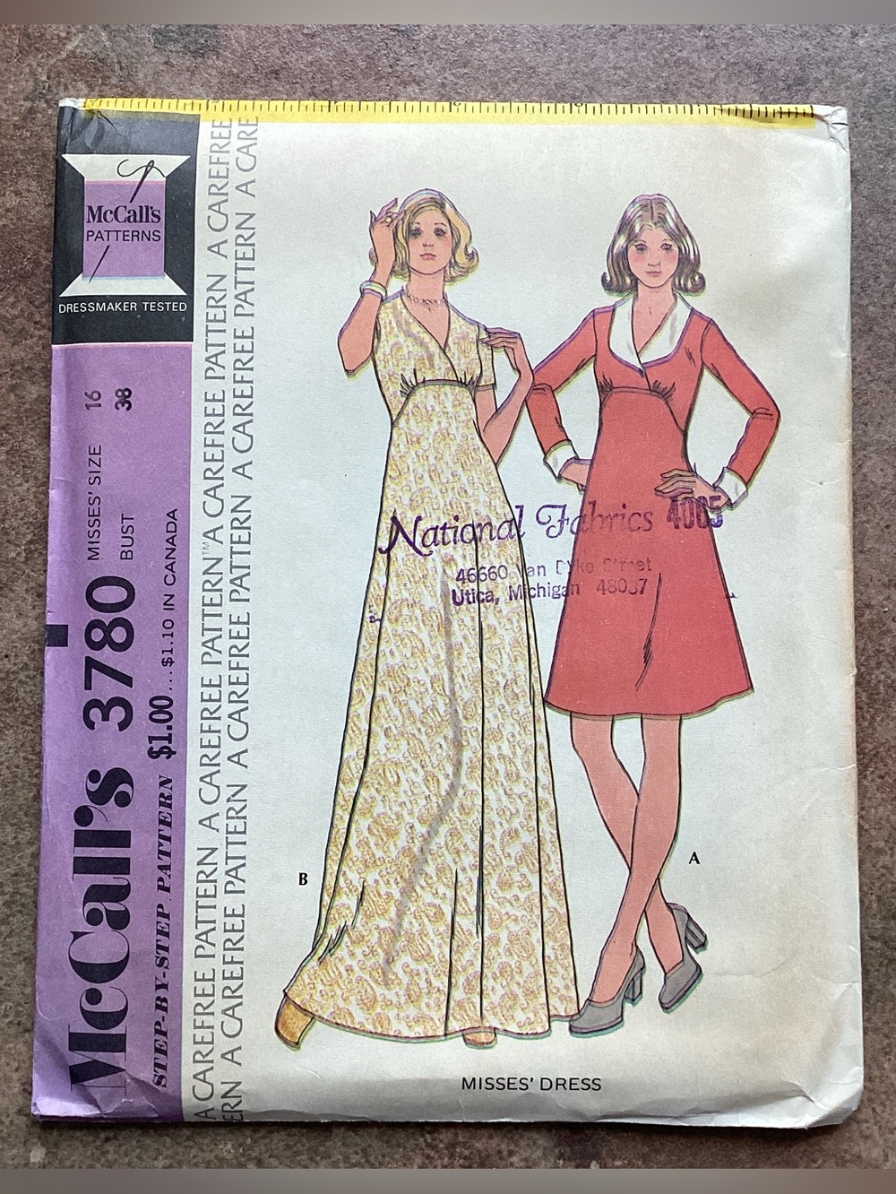 Vintage 1973 McCall's #3780 Sewing Pattern Misses Dress Size 16 Uncut FF